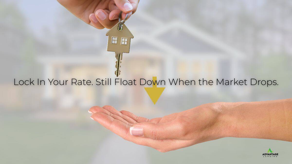 Hand holding house key in front of Raleigh home illustrating Advantage Lending’s Float Down mortgage rate policy — lock in your rate and still lower it if the market drops.