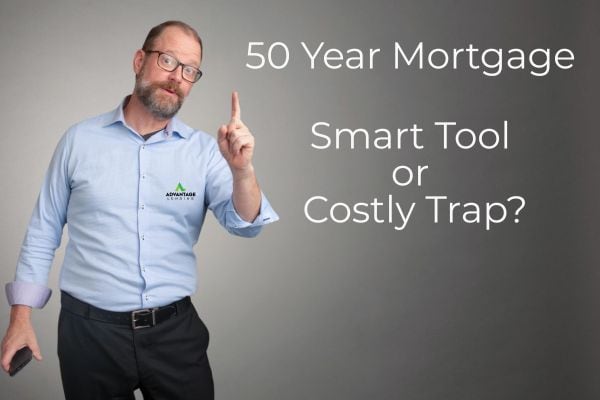 Robert Courts pointing upward next to the headline ‘50-Year Mortgage: Smart Tool or Costly Trap?’ on a gray background.